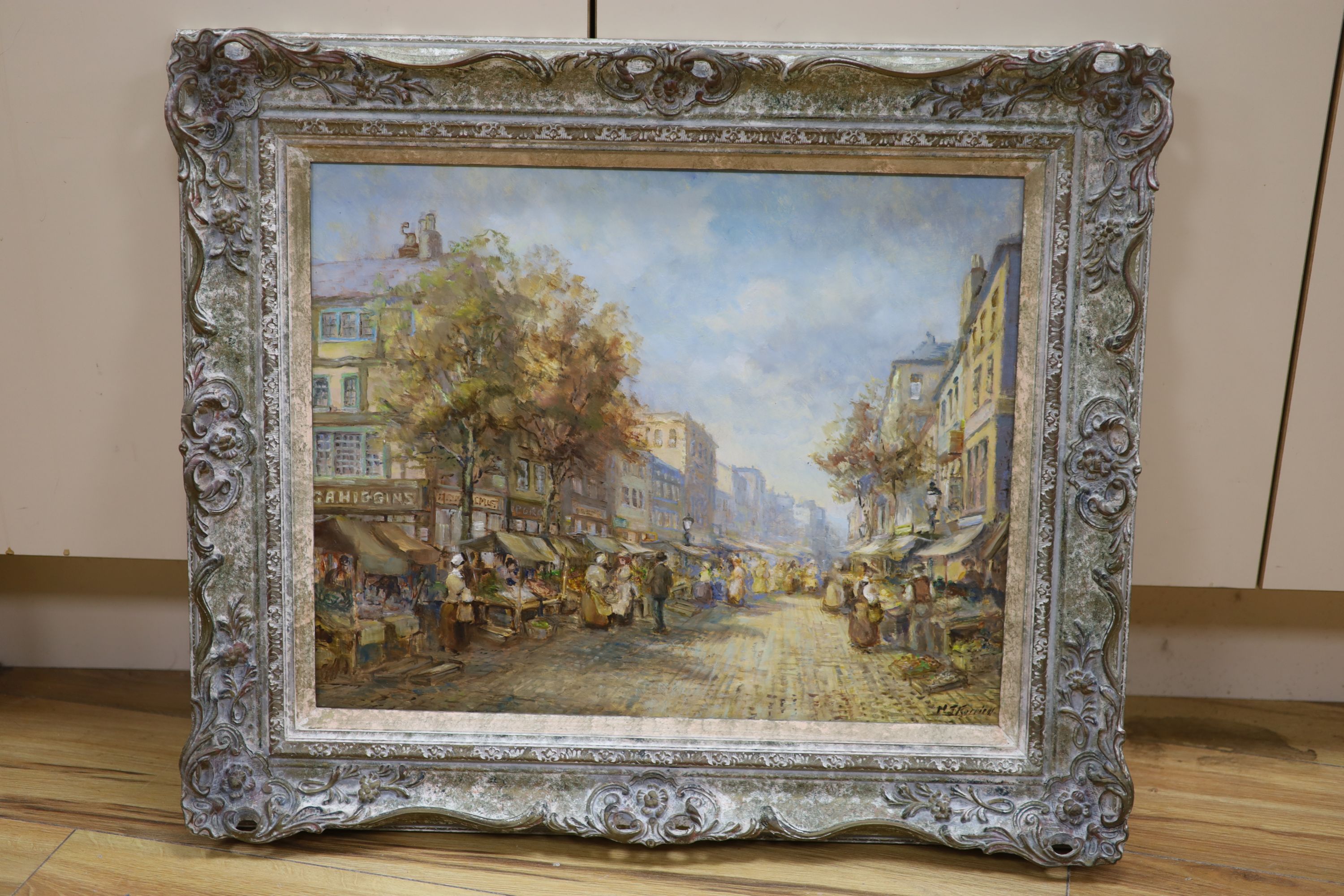 M.J. Rendell, oil on board, Street market, signed, 39 x 48cm